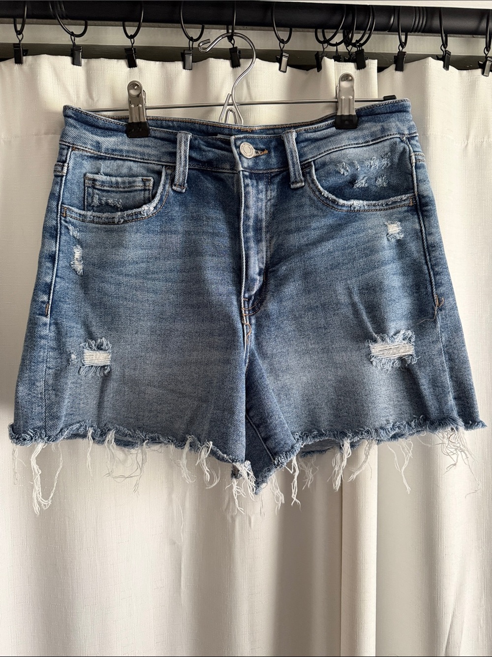 Vervet Distressed Mid-Blue High-Rise Denim Shorts